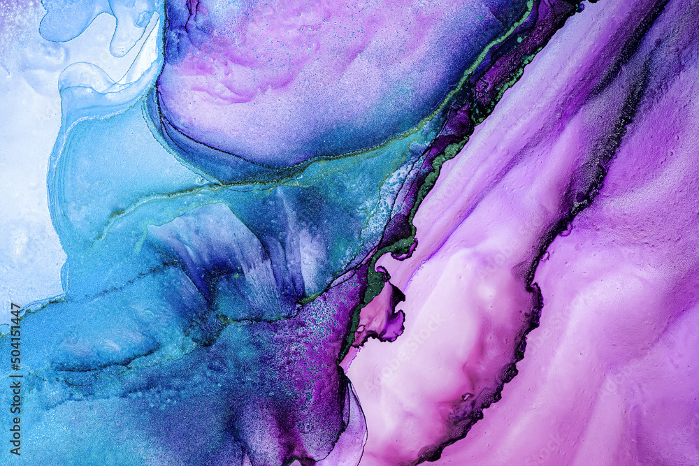 Alcohol ink blue and purple abstract background. High resolution watercolor ink texture, background. Copy space for text, design. Brush stroke on paper. Template for banner, poster design.