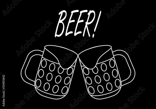 Brindis con dos jarras de cerveza  en trazo blanco sobre fondo negro y la palabra cerveza