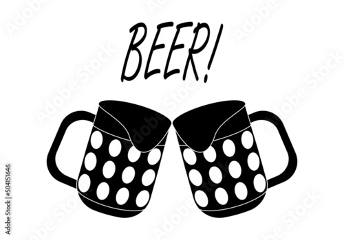 Brindis con dos jarras de cerveza en blanco y negro sobre fondo blanco y con el texto cerveza