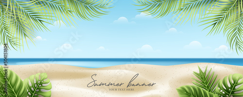 Summer and vacation banner concept on beautiful tropical beach and foliage background