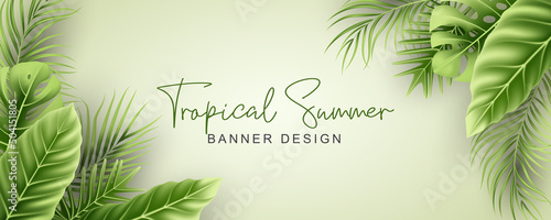 Elegant summer banner with realistic tropical leaves