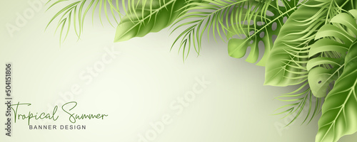 Elegant summer banner with realistic tropical leaves