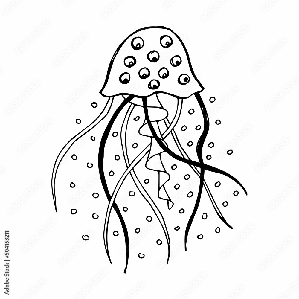 Hand drawn jellyfish in doodle or sketch style, single element in black and white color Hand drawn jellyfish in doodle or sketch style, single element in black and white color