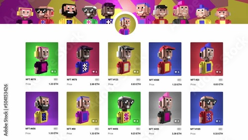Example of NFT marketplace page.  NFT Avatars. NFT 3d collection of volumetric characters on colored backgrounds. Digital art. In-game assets for metaverse. Fake page. Non-fungible token.