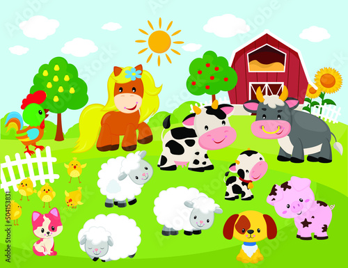 Vector illustration cartoon of happy farm animals.
