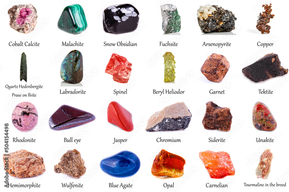beautiful collection of geological minerals on a white background beautiful collection of geological minerals on a white background