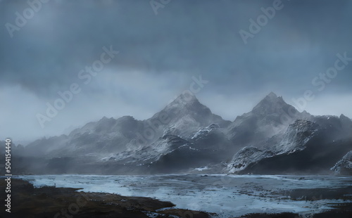 Fantastic Winter Epic Magical Landscape of Mountains. Celtic Medieval forest. Frozen nature. Glacier in the mountains. Mystic Valley and ice lake. Gaming background. Book Cover and Poster