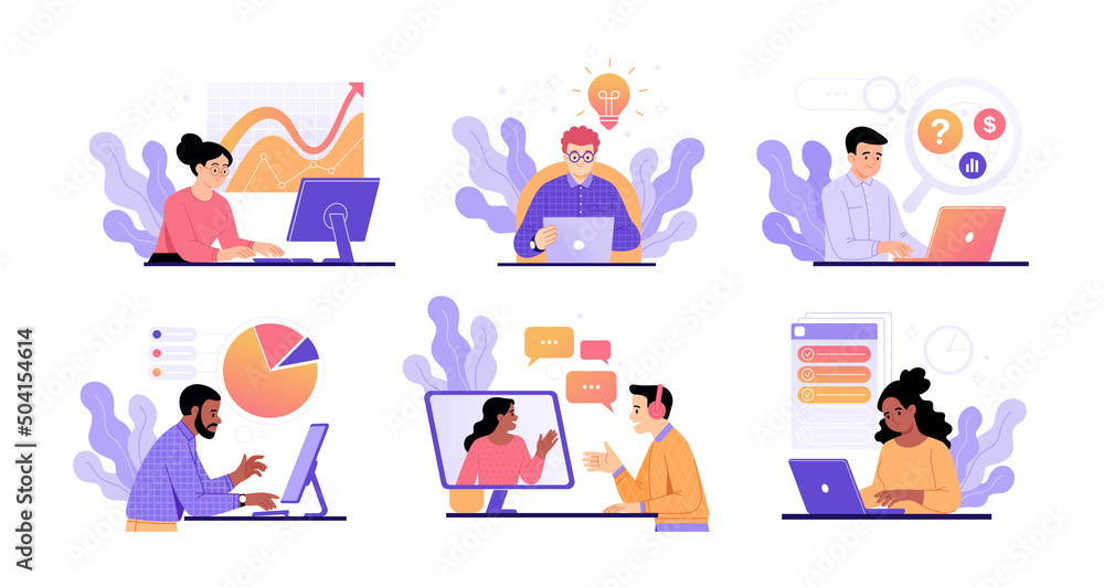 Computer work concepts. Vector illustration of a set of cartoon diverse business people in a flat style working at a computer or laptop in different directions: research, statistics, tasks, etc.  - obrazy, fototapety, plakaty 