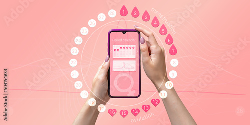 Menstrual cycle tracker mobile app on the smartphone screen in the hands of a woman. Modern technologies for tracking women's health, pregnancy planning photo