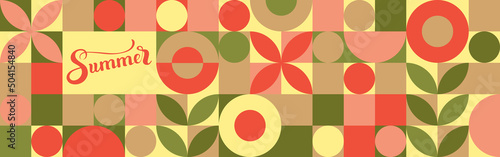 Summer - beautiful lettering, geometric shapes in a set for a beach flyer or web intro seamless background template. Bright wallpaper of squares, circles and triangles.