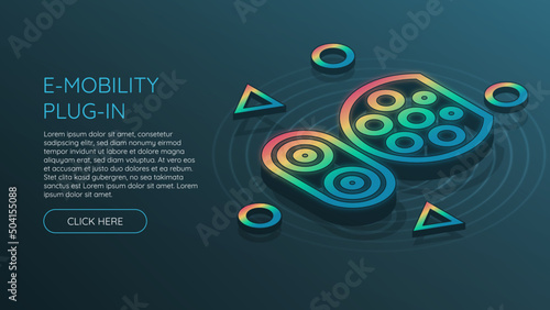 Isometric e-mobility plug with rainbow gradient on blue background. Extended with different shapes