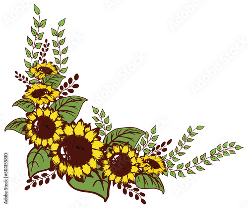 Bunch of summer yellow blooming sunflowers bouquet floral corner arranngement frame