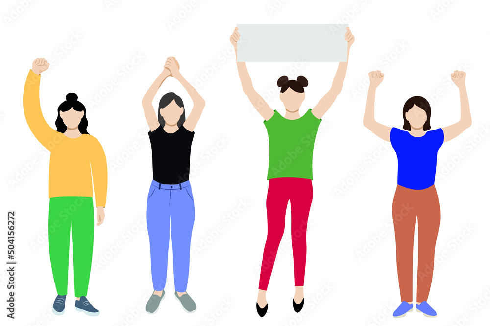Fototapeta premium Set of full length girls with arms raised above their heads, flat vector on white background, faceless illustration