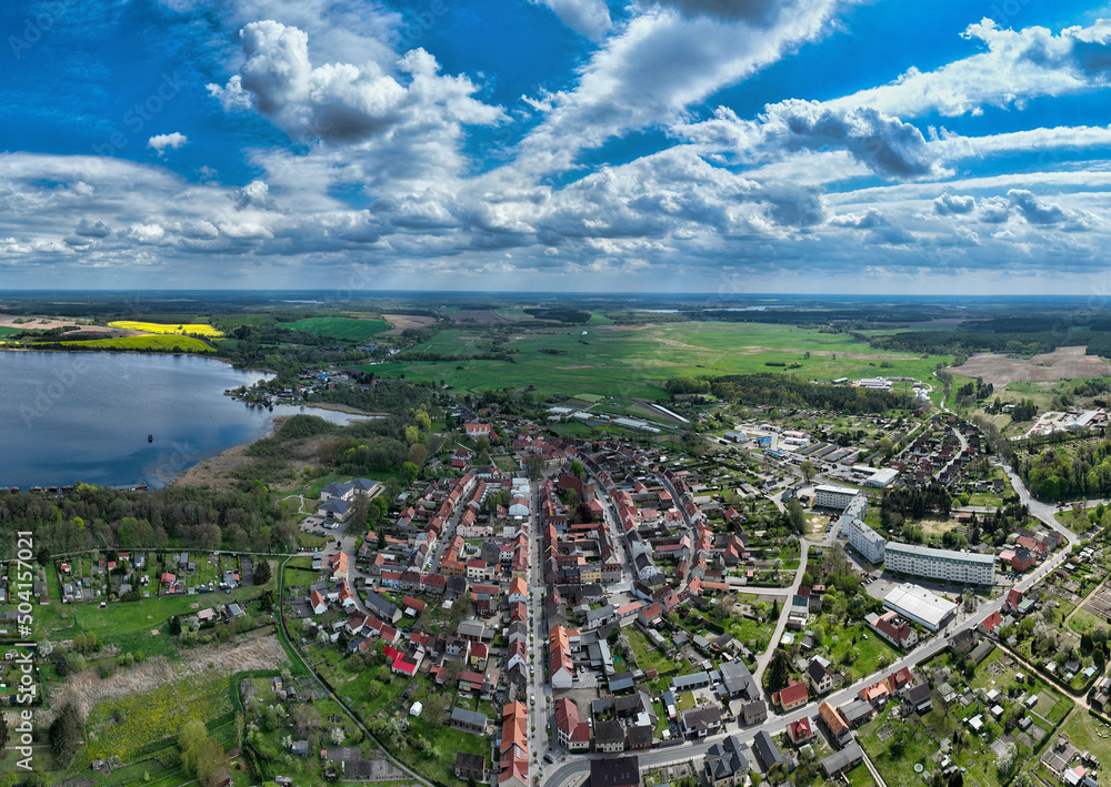 Aerial panoramic view of town Wesenberg (Germany)