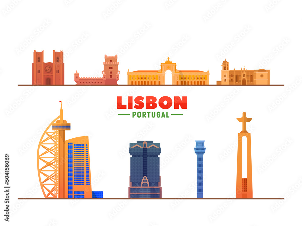 Lisbon ( Portugal ) landmarks white background. Vector Illustration. Business travel and tourism concept with Historic buildings Belem Tower, Triumphal Arch, Cathedral and Santa Justa Elevator.