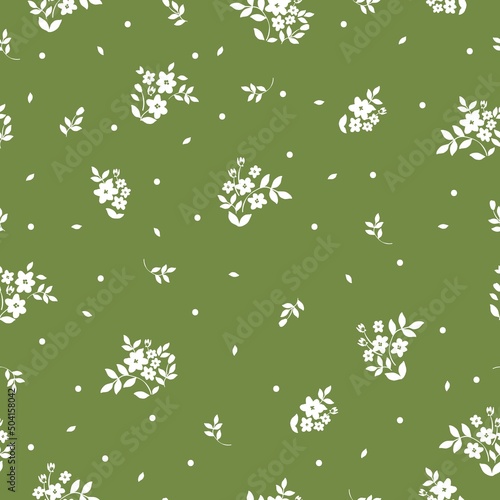 Simple vintage pattern. Small white flowers , leaves and dots . Green background. Fashionable print for textiles, wallpaper and packaging.