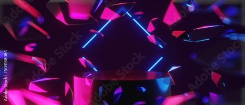 abstract backgound video game of esports scifi gaming cyberpunk, vr virtual reality simulation and metaverse, scene stand pedestal stage, 3d illustration rendering, futuristic neon glow room photo