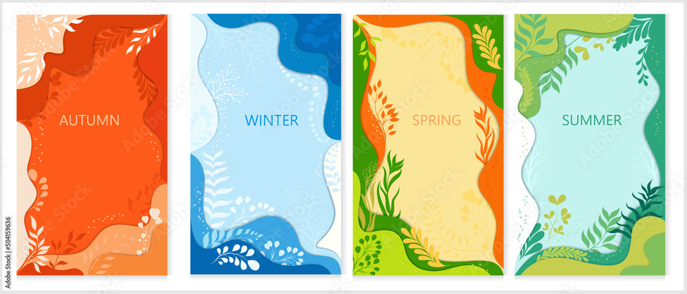 Four vector backgrounds with plants and twigs. Seasons of the year.Paper cut background.	