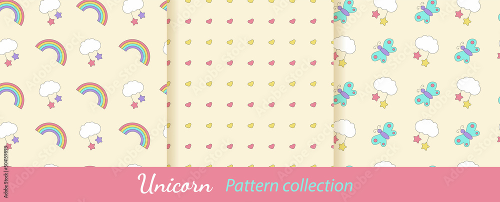 Collection of unicorn patterns. Set of magical vector patterns. Seamless patterns with rainbow, clouds, hearts, butterflies, stars.