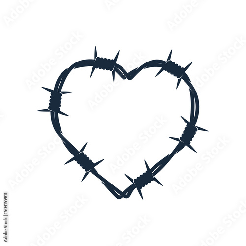 Vector silhouette heart twisted from barbed wire. Isolated on white background.