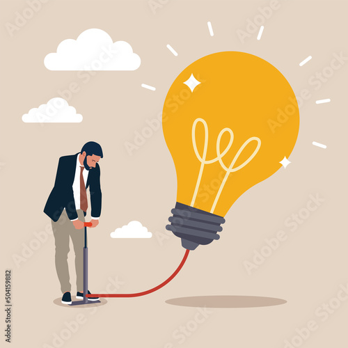 The business improve and growth concept. businessman pumps up a balloon of a light bulb sign. Business strategy, idea, investment, wealth, management, marketing flat vector illustration.