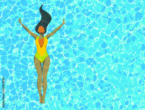 vector image on the theme of summer holidays. a beautiful young tanned girl in a yellow swimsuit lies on the blue water surface of the pool with outstretched arms and flowing hair. tropical holiday.