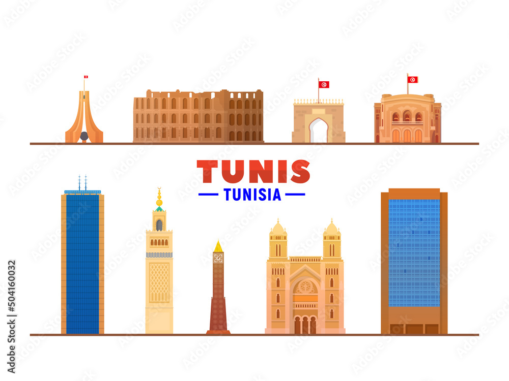 Fototapeta premium Tunis, ( Tunisia ) landmarks vector illustration on white background. Business travel and tourism concept with modern buildings. Image for presentation, banner, web site.