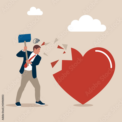 Angry husband using big hammer to hit broken heart shape metaphor of family problem. Marriage difficulties problem, divorce or violence or painful in broken relationship.