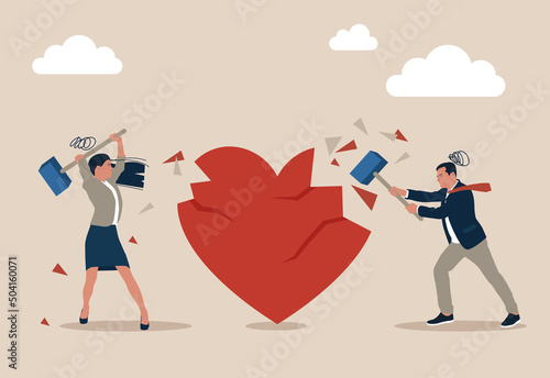 Angry couple husband and wife using big hammer to hit broken heart shape metaphor of family problem. Marriage difficulties problem, divorce or violence or painful in broken relationship couple concept