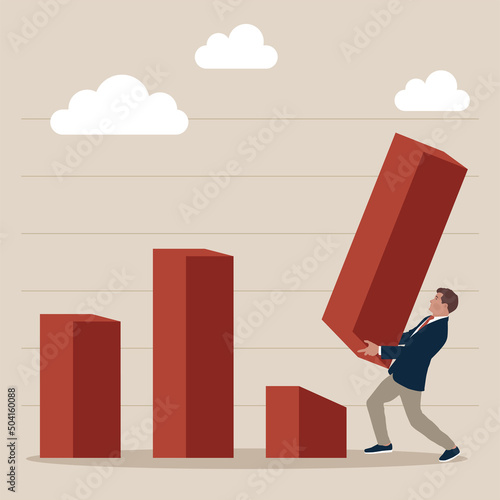 Businessman financial advisor or expert cut and hold piece of bar graph. Revenue forecast cut, stock market price correction or global economic slow down due to crisis concept.