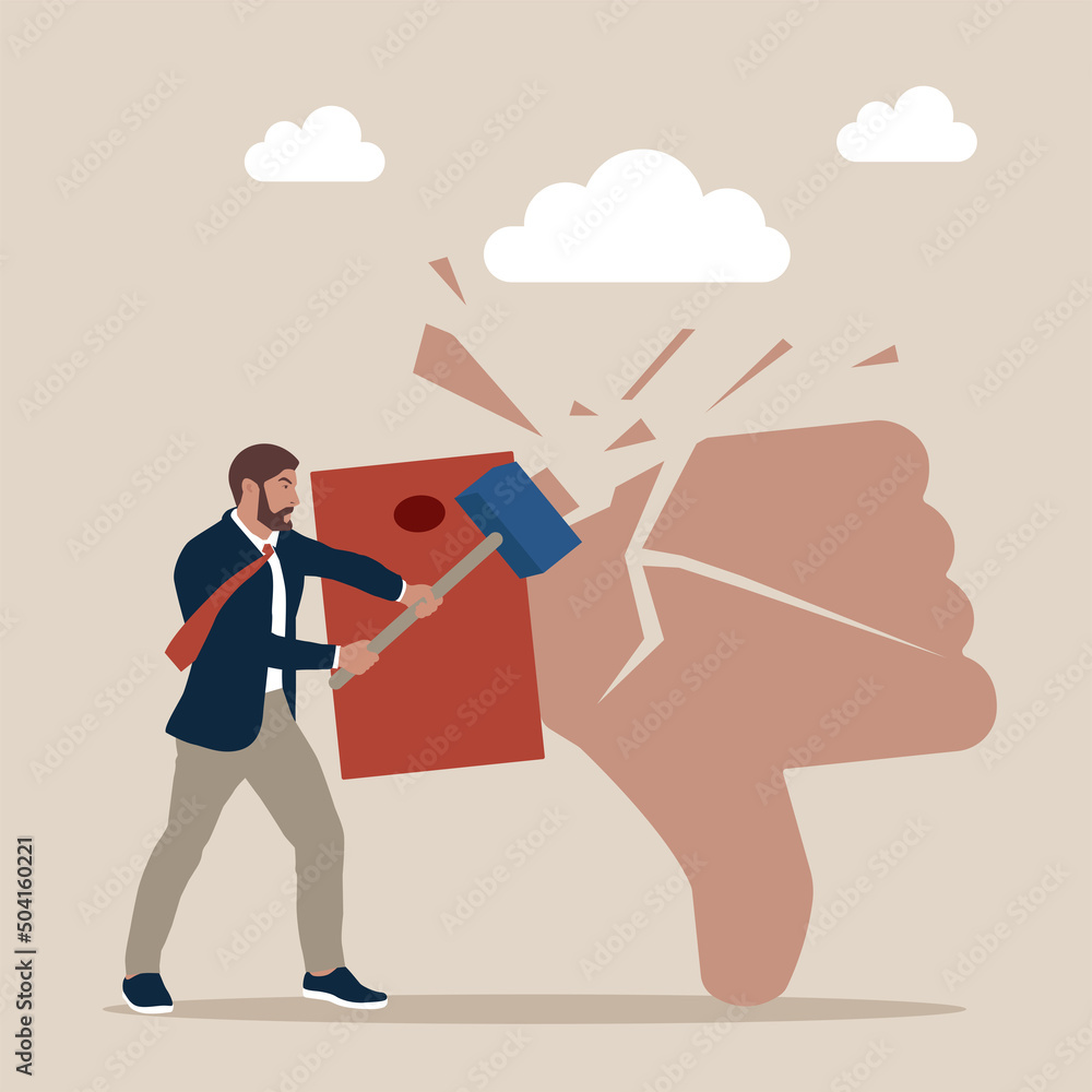 Fototapeta premium Businessman holding hammer hitting dislike thumb down mark with cracks.
