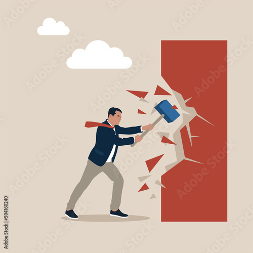 Breakthrough business boundary or limit, breaking the wall to see new work opportunities or career challenge concept, superpower businessman crack or breaking the wall with hammer to see light outside