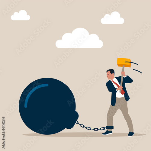 Сonfidence businessman use hammer to break heavy chain burden. Break free or breaking bad habits or routines for freedom, pay off debt, destroy shackle or anxiety burden, escape and liberation concept