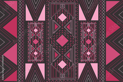 The design with patch lines interspersed with pink geometric shapes in various tones on a dark background is a pattern that is used in embroidery, industrial textiles, pillows, curtains or traditional