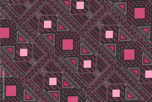 The design with patch lines alternating with pink geometric shapes in various tones on a dark background is a pattern that is used in embroidery, industrial textiles, pillows, curtains or traditional 