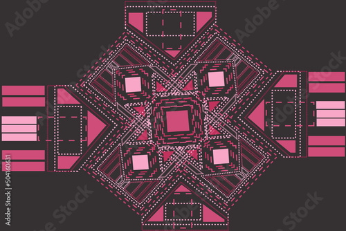 The design with patch lines interspersed with pink geometric shapes in various tones on a dark background is a pattern that is used in embroidery, industrial textiles, pillows, curtains or traditional