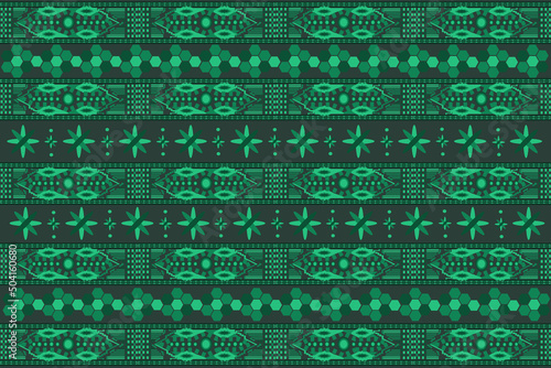 The fabric pattern uses geometric shapes. Beautiful green background, yes break the curtain, textile fabric pattern.
