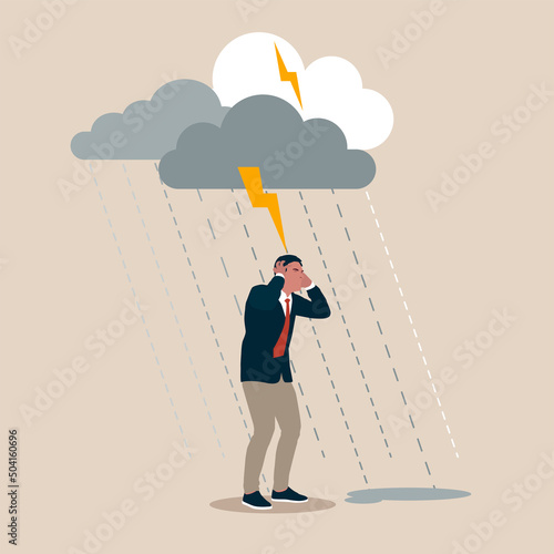 Pessimistic and depressed businessman standing under rain as the negative thoughts stands over his head like a storm cloud. Businessman suffering anxiety and headache. Concept for emotional crisis