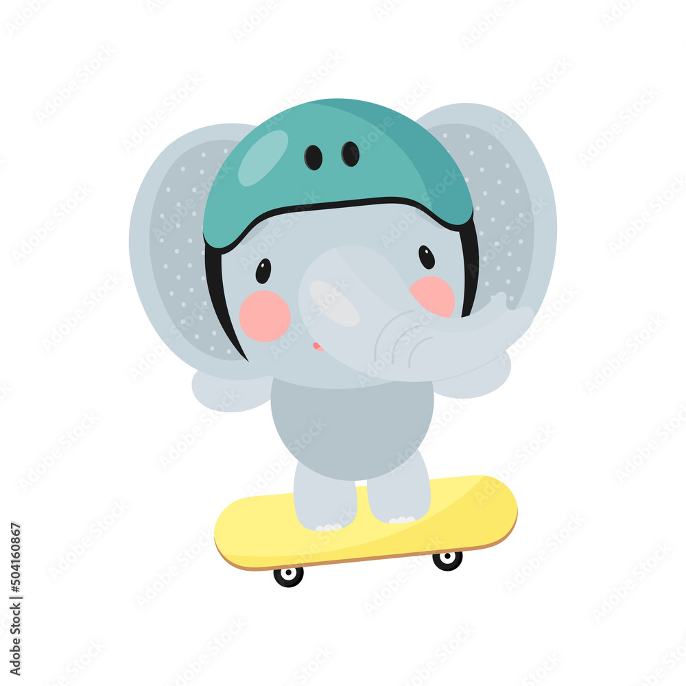 Fototapeta premium Cute Elephant on the skateboard. Cartoon style. Vector illustration. For card, posters, banners, children books, printing on the pack, printing on clothes, fabric, wallpaper, textile or dishes.