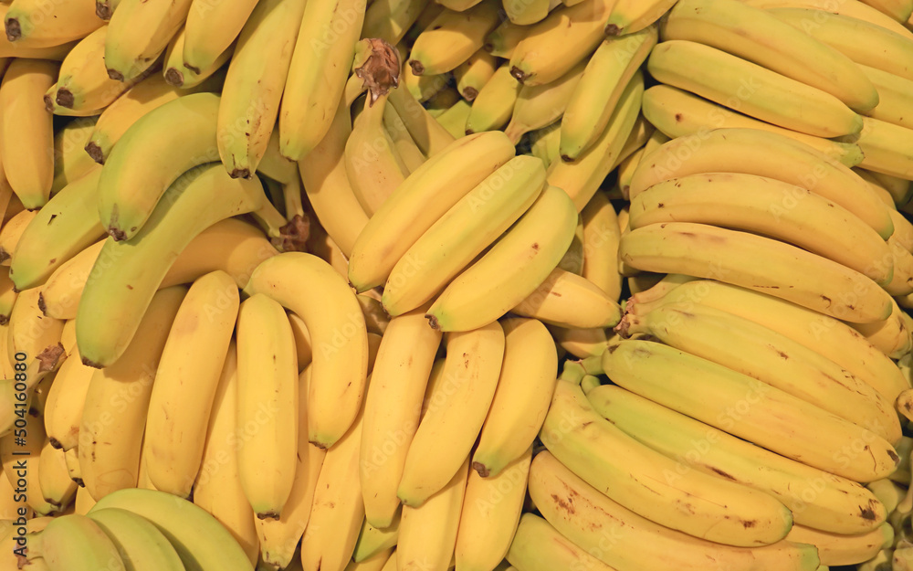 Pile of fresh ripe bananas for sale on the market