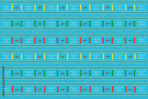 Digitally designed fabric pattern in bright colors for use in textiles. Embroidery pattern comes from horizontal geometric shapes.