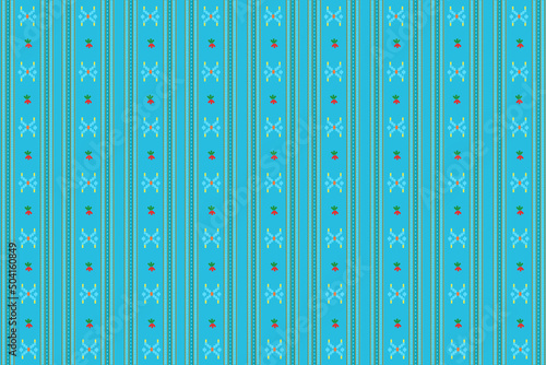 Digitally designed fabric pattern in bright colors used in textiles. The embroidery pattern comes from vertical upward geometry.