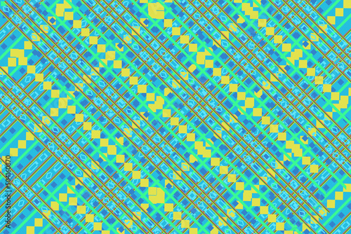 The fabric pattern is digitally designed with bright tones and geometric patterns. Used in textiles or embroidery