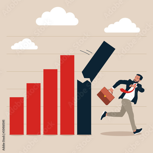 Businessman investor run away from collapsing graph. Economic recession from high inflation, stock market crash, crisis or depression, investment risk or price drop causing money loss concept.