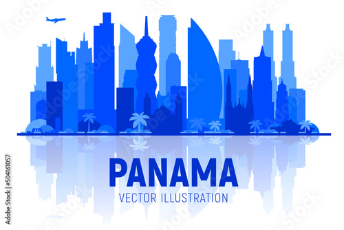 Panama city ( Panama ) skyline silhouette panorama in white background. Vector Illustration. Business travel and tourism concept with modern buildings. Image for presentation, banner, web site.