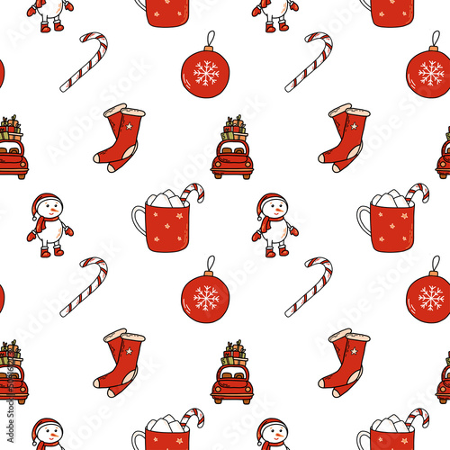 Seamless pattern for Christmas and New year in red color on a white background withsnowman, cup, socks, lolly, ball, car with presents. Beautiful pattern for gift wrapping paper, greeting cards photo