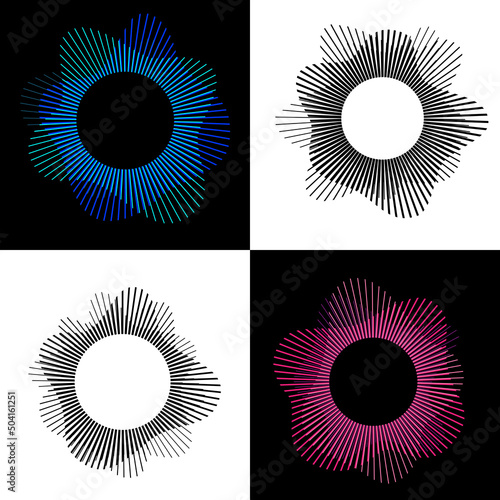 Set round musical sound spectrum with waves on black and white background