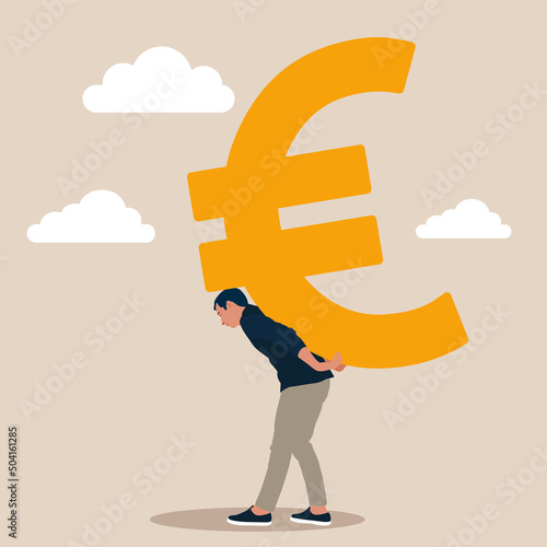 Working hard for money, effort to earn more salary or investment profit, tax burden or financial problem and difficulty concept, overworked businessman drag big euro sign money back from work.