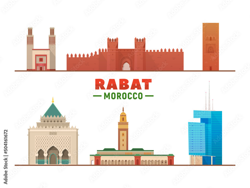 Rabat Morocco city landmarks in white background. Vector Illustration. Business travel and tourism concept with modern buildings. Image for presentation, banner, placard and web site.