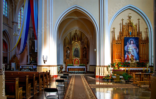 View of the interior of the Catholic Church of the Nativity of the Blessed Virgin Mary, built in the years 1905-1912 in the neo-Gothic style in Rajgród in Podlasie, Poland.